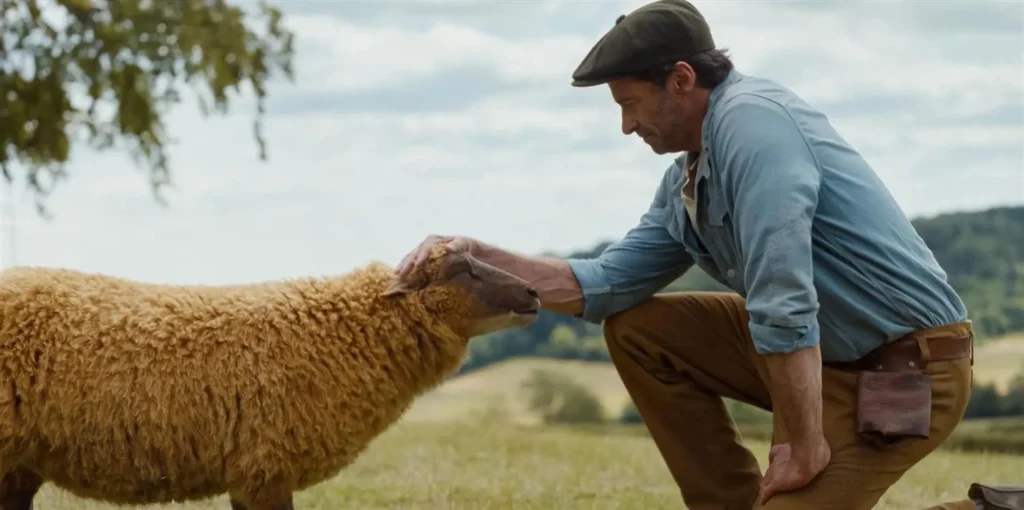 Actor Hugh Jackman petting a sheep in the countryside in The Sheep Detectives.