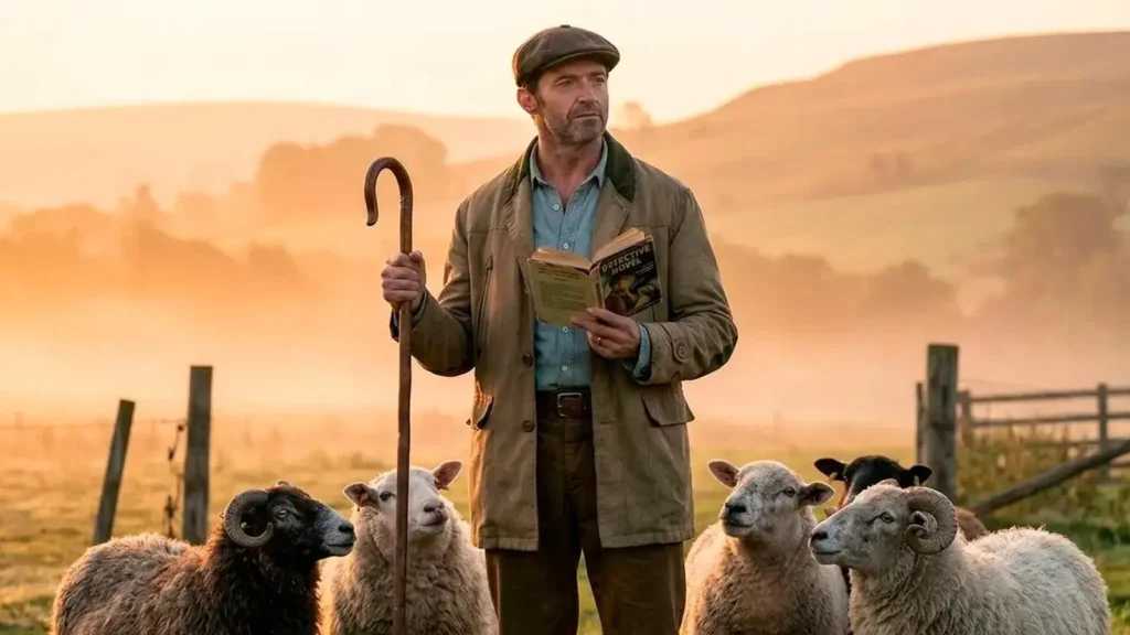 Shepherd Hugh Jackman reading a detective mystery novel to his flock of sheep at sunrise.