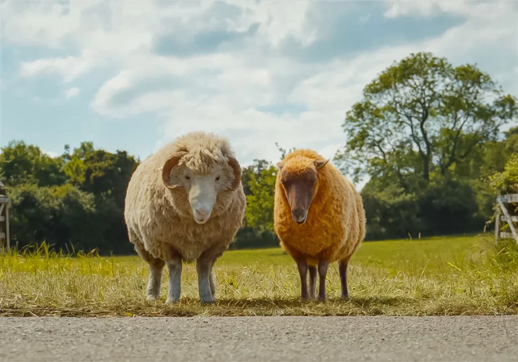 Two curious sheep standing on a road in a scene from the comedy movie The Sheep Detectives.