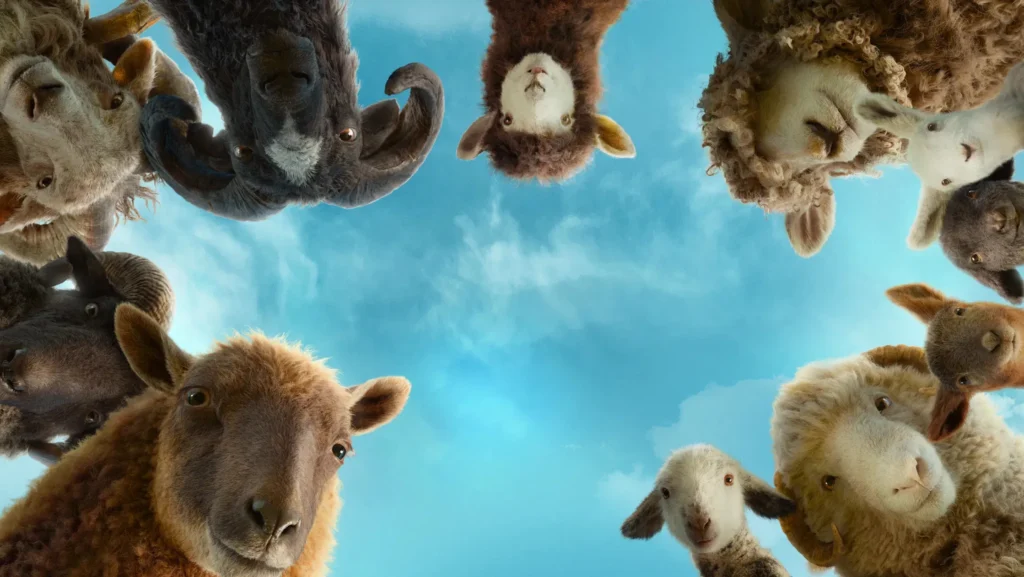 Low angle view of a flock of sheep investigating a mystery in The Sheep Detectives movie.