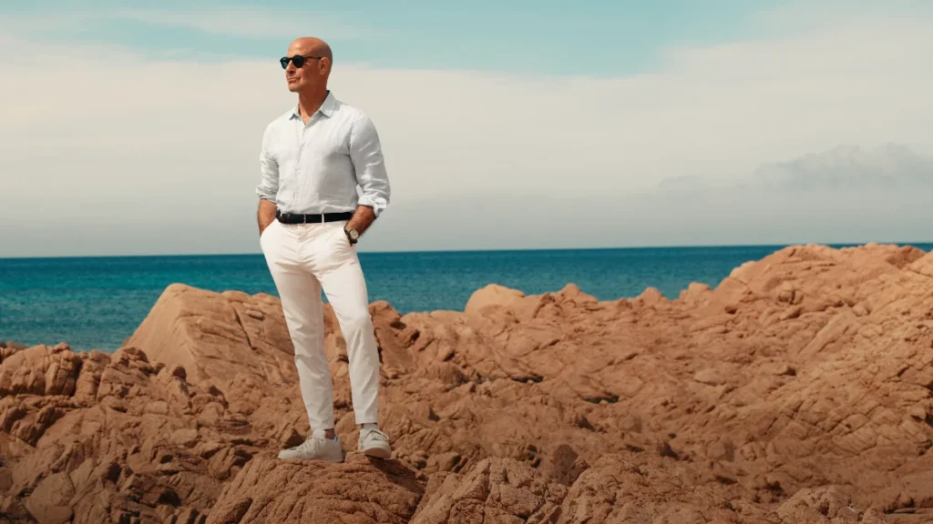 Actor Stanley Tucci standing on the rocky coast of Italy during a travel docuseries episode.