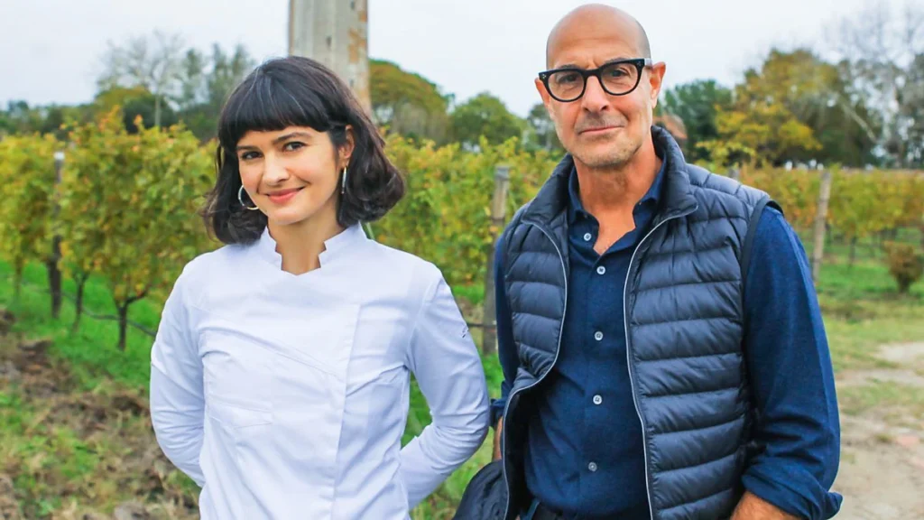 Stanley Tucci in an Italian vineyard during the filming of Tucci in Italy Season 2.