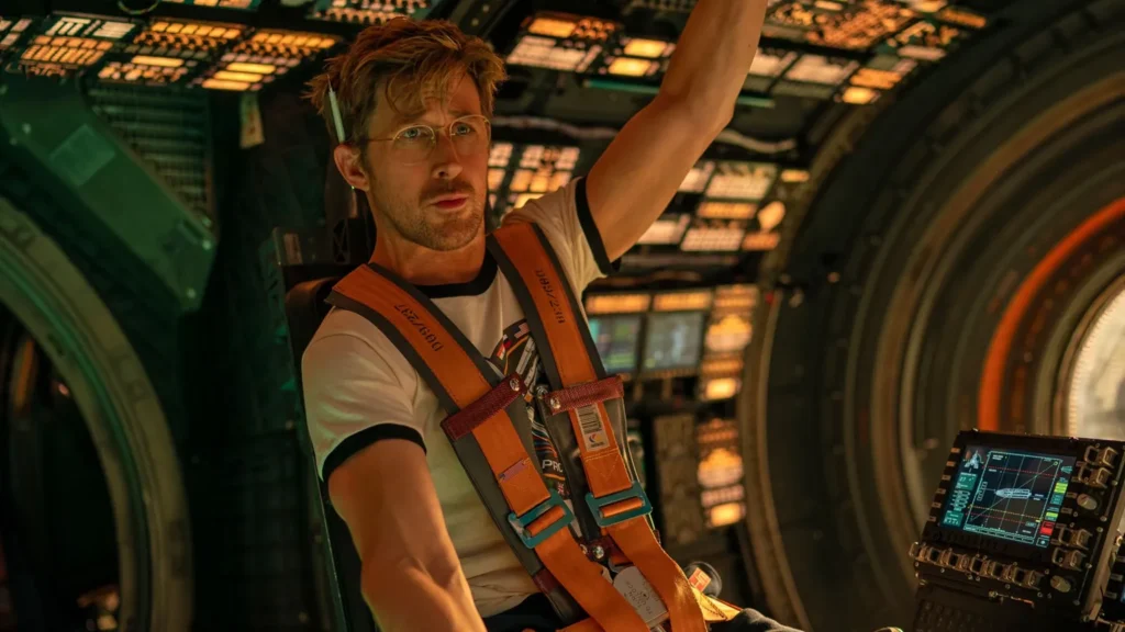 Ryan Gosling buckled in a spaceship cockpit seat in sci-fi movie Project Hail Mary.