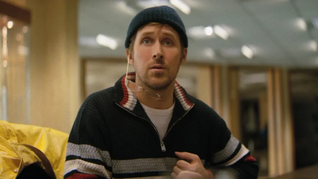 Close up shot of actor Ryan Gosling playing science teacher Ryland Grace in Project Hail Mary.