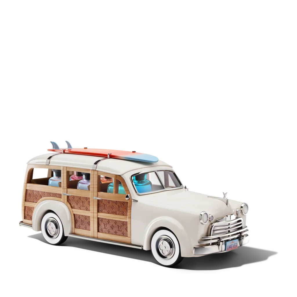 Side profile of the Louis Vuitton Colognes Woody Wagon designed by Alex Israel, featuring a colorful surfboard on the roof.