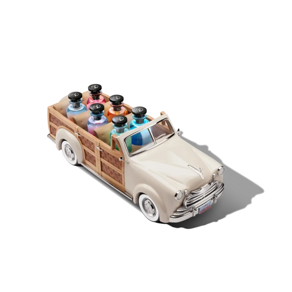 High angle view of the Louis Vuitton Woody Wagon collector's item filled with the complete Cologne Perfumes collection.