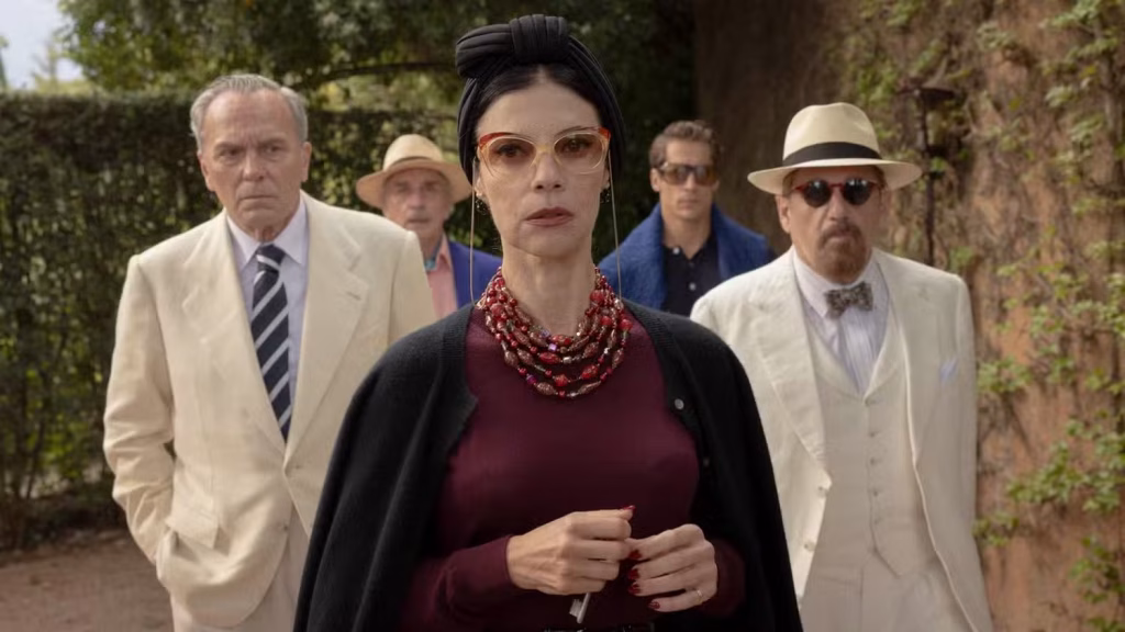 Characters from Netflix series The Final Problem in the hotel garden