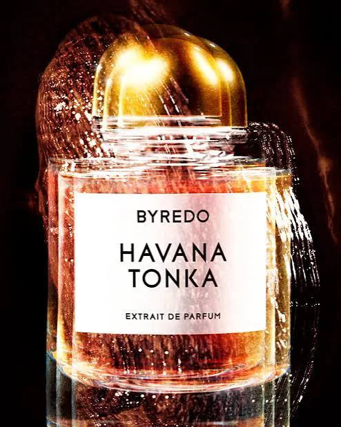 Byredo Havana Tonka Extrait de Parfum bottle with amber-colored fragrance and a gold cap