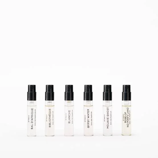 Six Byredo travel-size perfume sprays including Blanche, Gypsy Water and Mojave Ghost